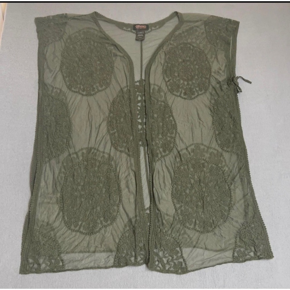 Shyanne Lace Vest Women XL Green Sheer Mesh Floral Boho Open Front Layering Top